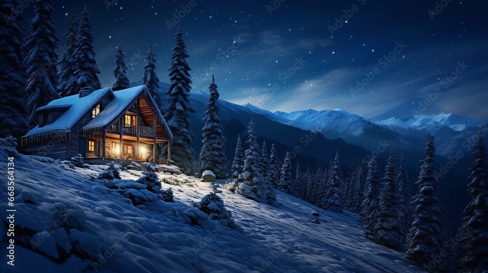 Fototapeta premium Enchanted Winter Cabin Under Starry Sky