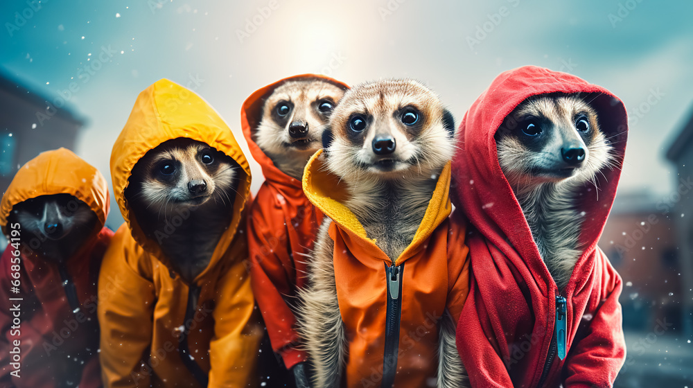 Group of meerkats wearing of colored coats and hoods.