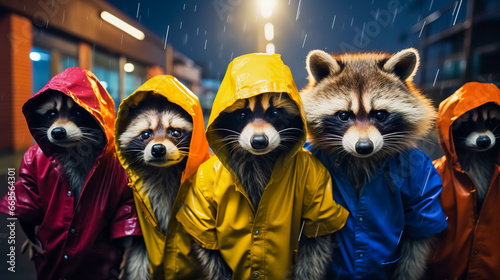 Group of raccoons wearing of colored coats and hoods.