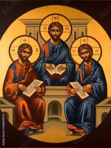 Orthodox icon The Old Testament Trinity style, oil illustration AI