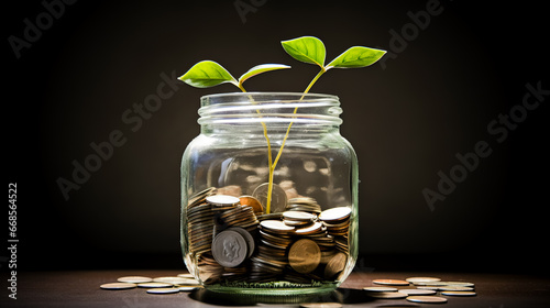 A green sprout sprouts from a jar of coins.