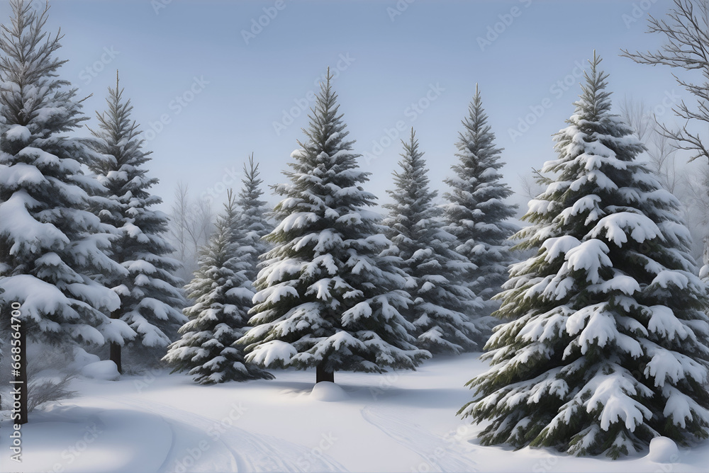 Winter season landscape with christmas tree and snow background