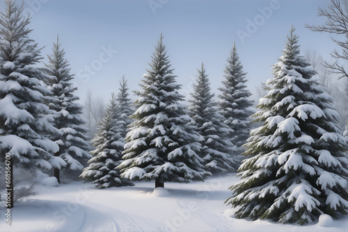 Winter season landscape with christmas tree and snow background © rutchakon