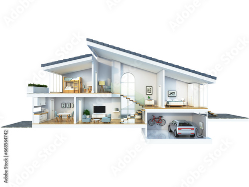 Modern home cross section, 3d rendering