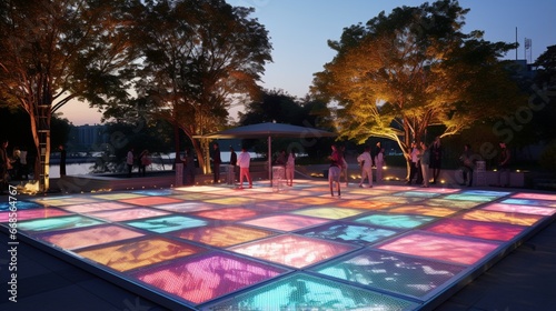 A contemporary outdoor dance floor with programmable LED lights and interactive displays.