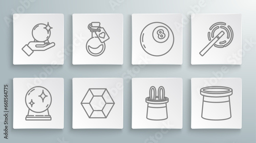 Set line Magic ball, Bottle with love potion, stone, Magician hat and rabbit ears, of predictions, wand and hand icon. Vector