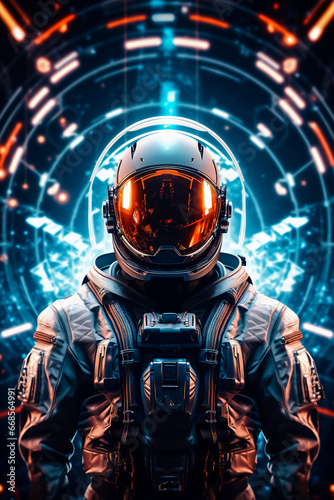 Man in space suit standing in front of spaceship.