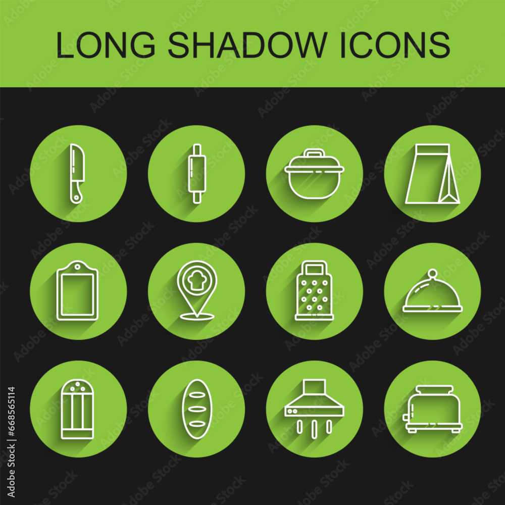 Set line Salt, Bread loaf, Knife, Kitchen extractor fan, Toaster, Chef hat with location, Covered tray of food and Grater icon. Vector Set line Salt, Bread loaf, Knife, Kitchen extractor fan, Toaster, Chef hat with location, Covered tray of food and Grater icon. Vector