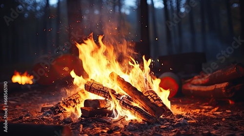 Bonfire in the forest at night. Camping and travel concept