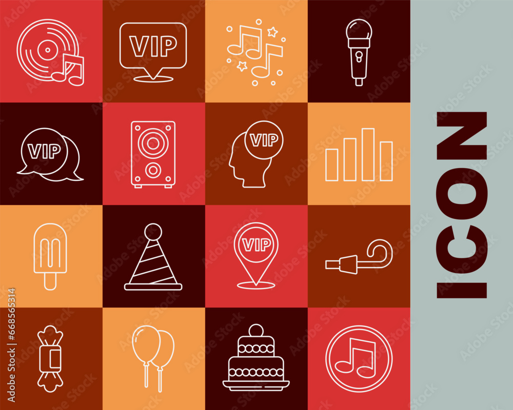 Set line Music note, tone, Birthday party horn, equalizer, Stereo speaker, Vip in speech bubble, Vinyl disk and inside head icon. Vector Set line Music note, tone, Birthday party horn, equalizer, Stereo speaker, Vip in speech bubble, Vinyl disk and inside head icon. Vector