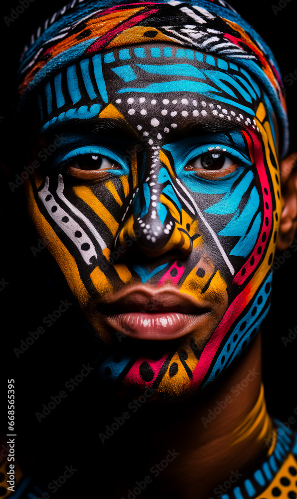Close up of man with his face painted with multicolored.