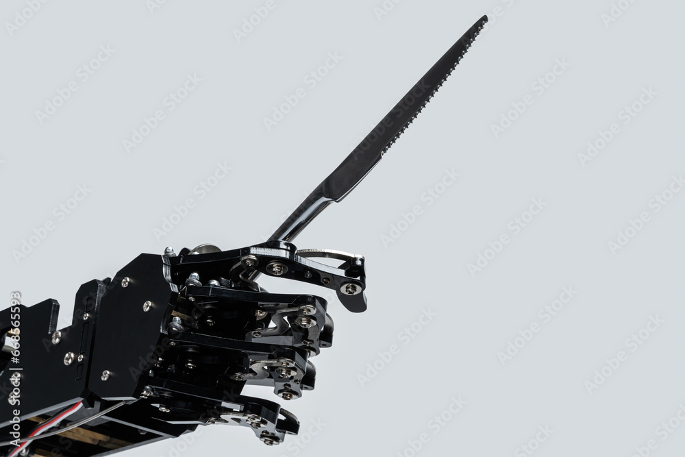Real robot's hand with steak knife. Concept of AI development and robotic process automation Real robot's hand with steak knife. Concept of AI development and robotic process automation