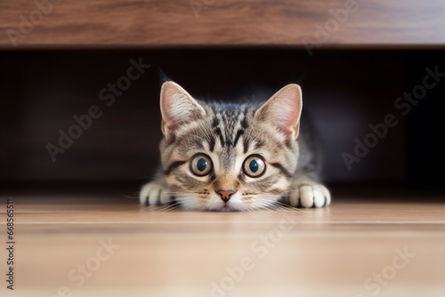 Playful fluffy kitten crawling under a couch in living room. © Yulia