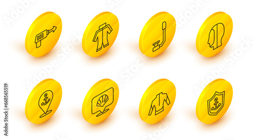Set line Anchor inside shield, Wetsuit, Scallop sea shell, Location with anchor, Diving hood, Snorkel, and Fishing harpoon icon. Vector