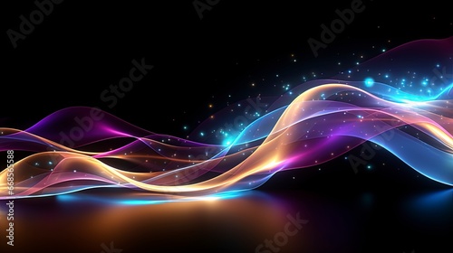Abstract background with a translucid energy flow in light blue, purple and gold colors.
