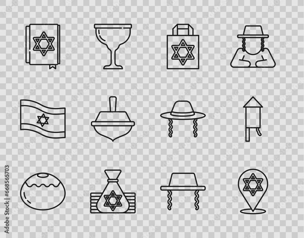 Set line Jewish sweet bakery, Star of David, Shopping bag with star david, money, torah book, Hanukkah dreidel, Orthodox jewish hat and Firework rocket icon. Vector