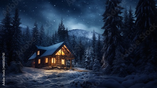 Enchanted Winter Cabin Under Starry Sky © boxstock production