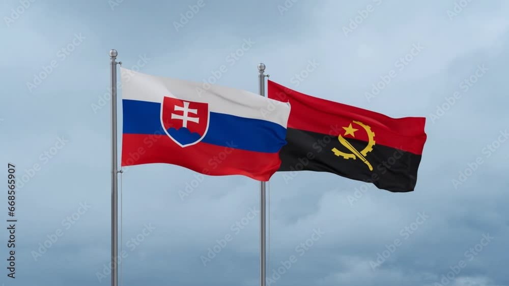 Slovakia flag and Angola flag waving together on cloudy sky, endless seamless loop Slovakia flag and Angola flag waving together on cloudy sky, endless seamless loop
