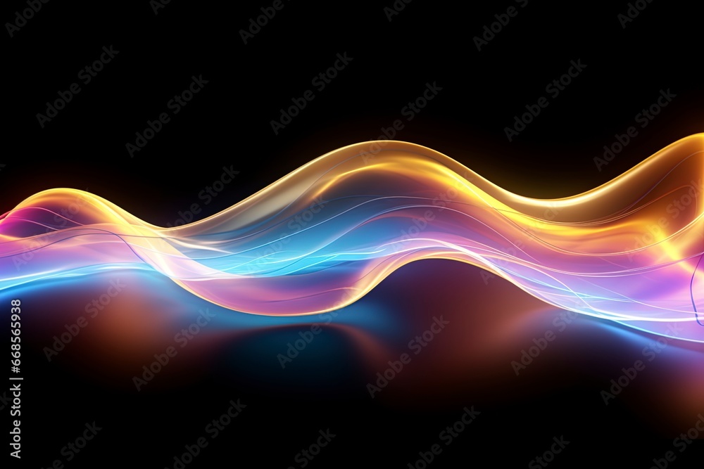 Abstract background with a translucid energy flow in light blue, purple and gold colors.