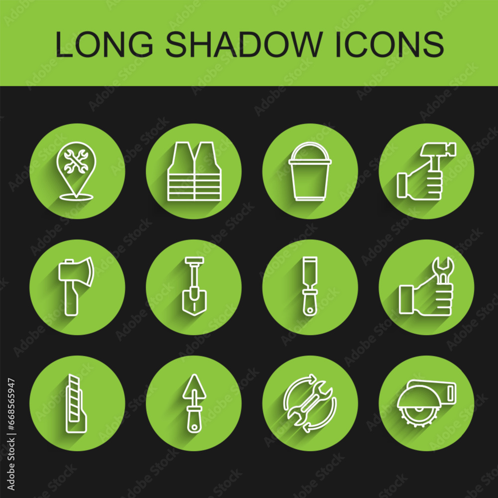 Set line Stationery knife, Trowel, Location with wrench, Wrench and arrows as workflow, Electric circular saw, Shovel, spanner and Rasp metal file icon. Vector Set line Stationery knife, Trowel, Location with wrench, Wrench and arrows as workflow, Electric circular saw, Shovel, spanner and Rasp metal file icon. Vector