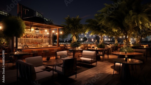 A chic outdoor whiskey bar with a live jazz band and velvet-lined seating.