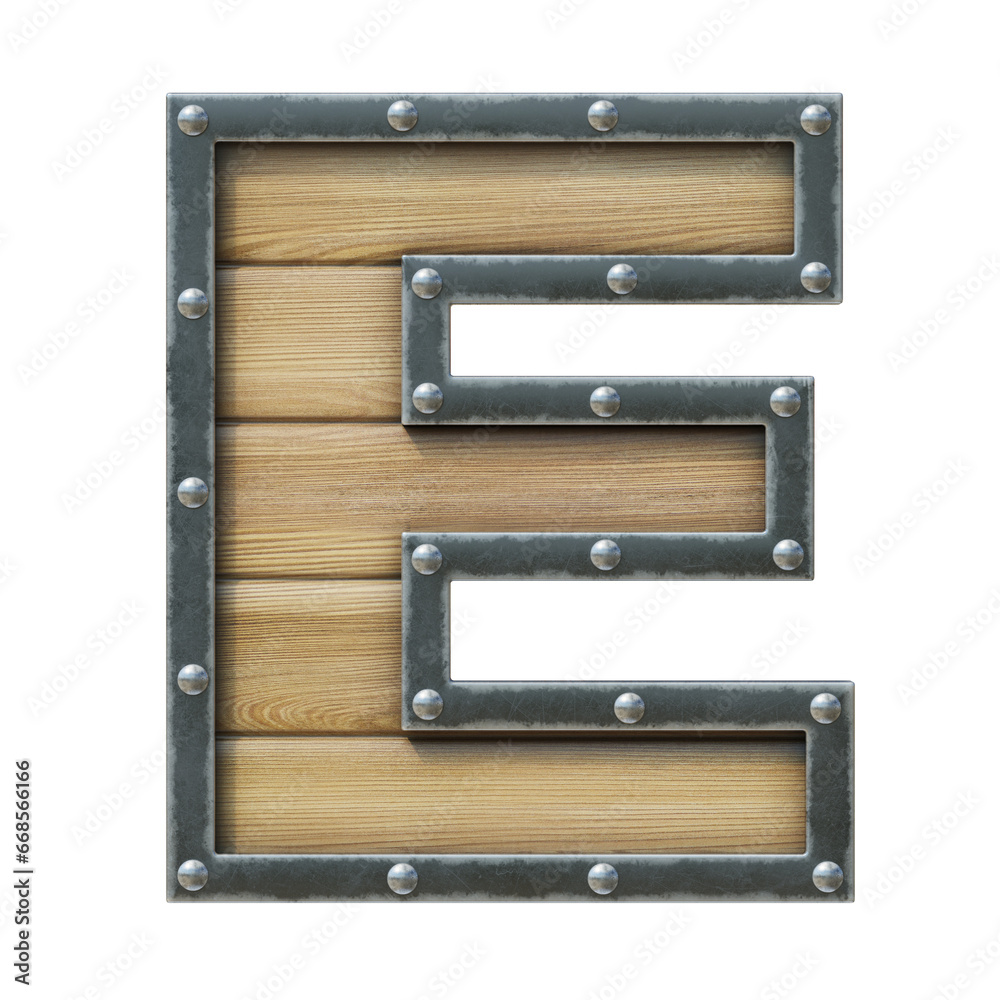 Font made of wooden board with metal frame and rivets, 3d rendering letter E