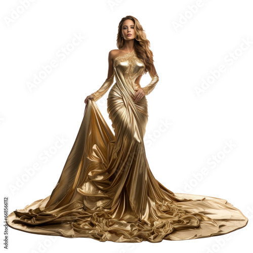 Girl in a beautiful golden long evening dress isolated
