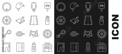 Set line Bicycle repair service, wheel, Sport bottle with water, Mobile holder, pedals, and lane icon. Vector