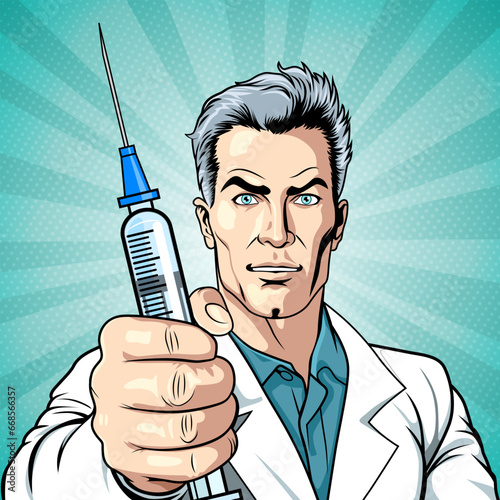 Male doctor in a white coat holds a syringe with a vaccine in his hand and offers to give an injection, health care. Vector illustration in pop art comic style