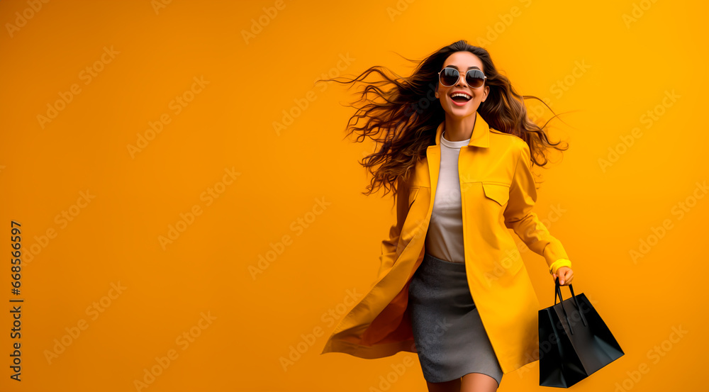 Woman with shopping bags, looking happy and joyful after shopping on black friday or spring sale. Isolated on a orange warm studio background with copy space.