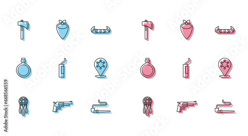 Set line Dream catcher with feathers, Revolver gun, Tomahawk axe, Smoking pipe, Dynamite bomb, Hexagram sheriff, Canteen water bottle and Cowboy bandana icon. Vector