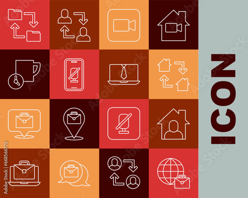Set line Online working, Camera, Mute microphone on mobile, Time management, Cloud storage document folder and Video chat conference icon. Vector