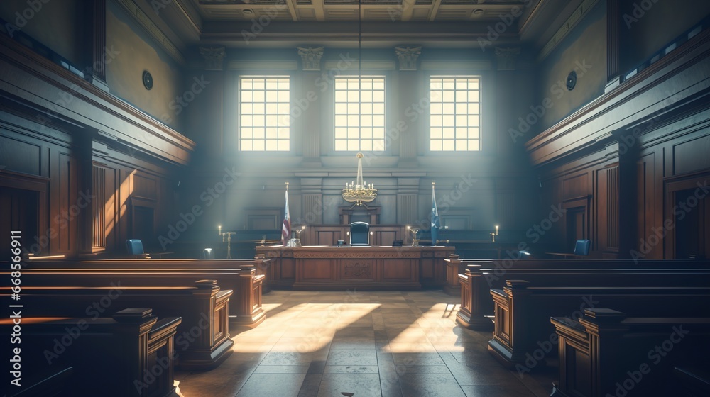 The Essence of Law and Justice, An Empty Courthouse Room Interior Illuminated by Afternoon Light, A Powerful Symbol of Legal Principles and Equality
