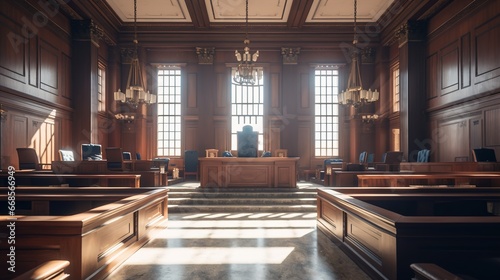 The Essence of Law and Justice, An Empty Courthouse Room Interior Illuminated by Afternoon Light, A Powerful Symbol of Legal Principles and Equality 