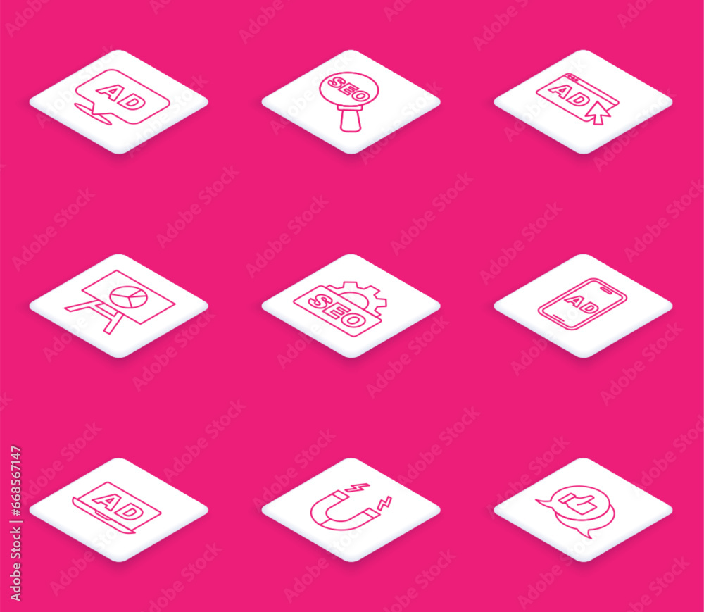 Set line Advertising, SEO optimization, Board with graph chart, and Magnet icon. Vector Set line Advertising, SEO optimization, Board with graph chart, and Magnet icon. Vector