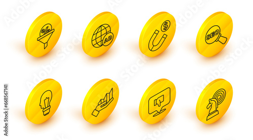 Set line Chess, Dislike in speech bubble, Pie chart infographic, Light bulb with concept of idea, SEO optimization, Magnet money, Advertising and Lead management icon. Vector