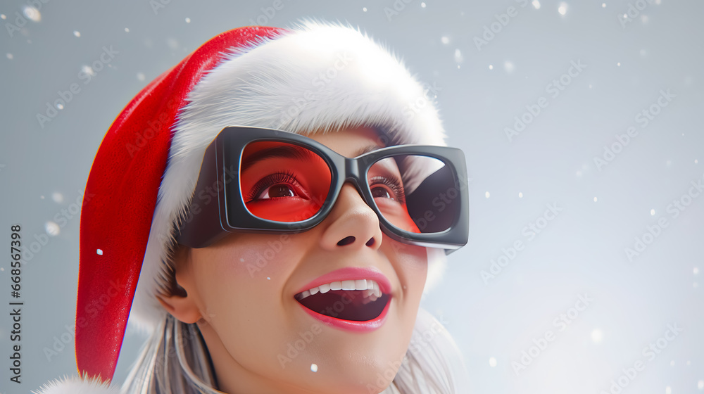 Playful Santa girl surprised face on white background.