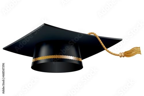 Graduation cap. Black educational student hat with golden tassel. Element for degree ceremony and educational programs design. College, high school or university cap isolated on white background