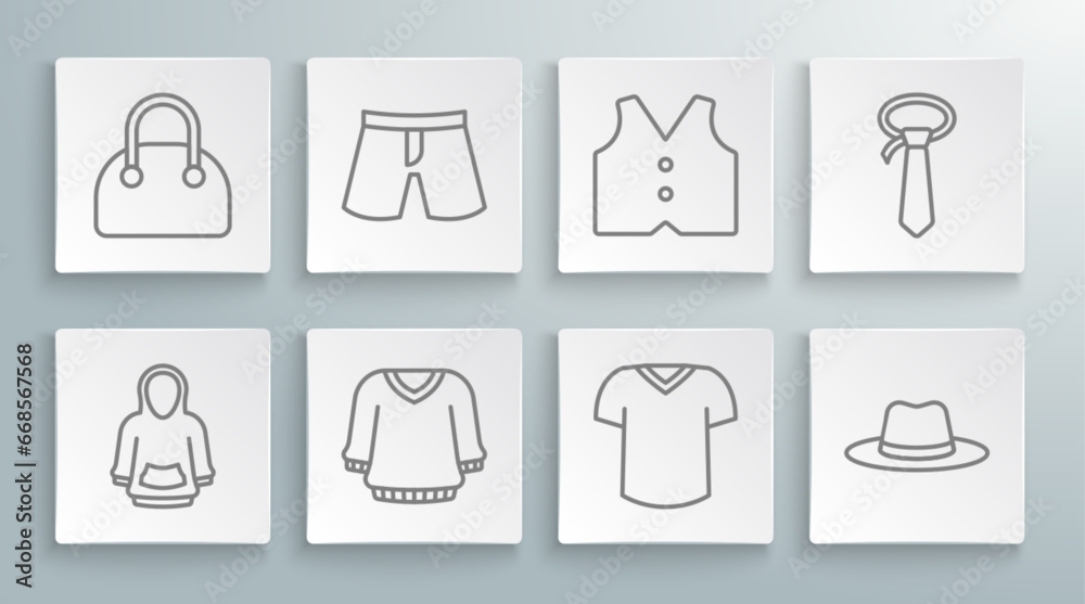 Set line Hoodie, Short or pants, Sweater, T-shirt, Man hat, Waistcoat, Tie and Handbag icon. Vector Set line Hoodie, Short or pants, Sweater, T-shirt, Man hat, Waistcoat, Tie and Handbag icon. Vector