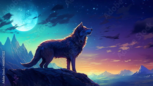 Lone wolf is barking on a hill against the background © khan
