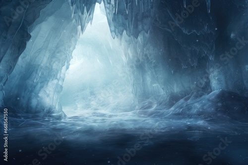 Abstract ice cave with blue and silver hues. photo