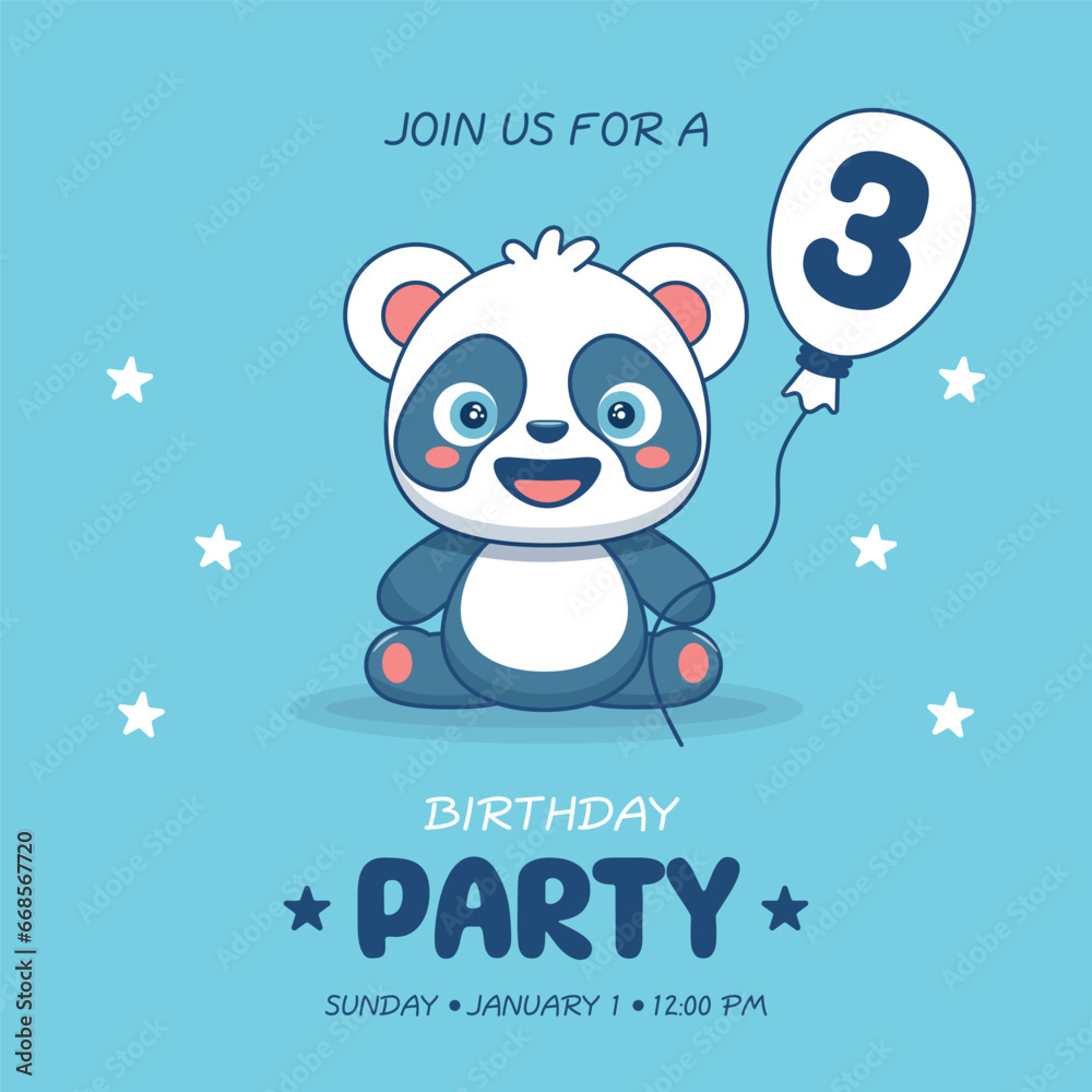 Cute baby boy panda. Birthday invitation for 3 year. Vector illustration Cute baby boy panda. Birthday invitation for 3 year. Vector illustration