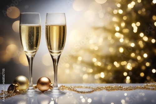glasses of champagne on christmas background