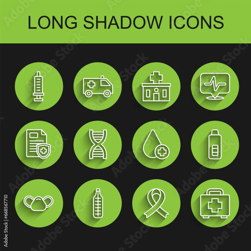 Set line Medical protective mask, thermometer, Syringe, Awareness ribbon, First aid kit, DNA symbol, Digital and Donate drop blood icon. Vector