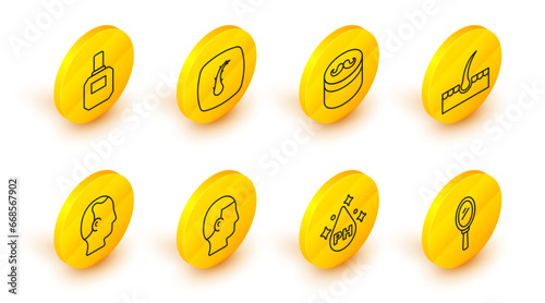 Set line Hand mirror, Oil for hair care treatment, Hairstyle, Baldness, Human follicle, Gel wax styling, and Aftershave icon. Vector