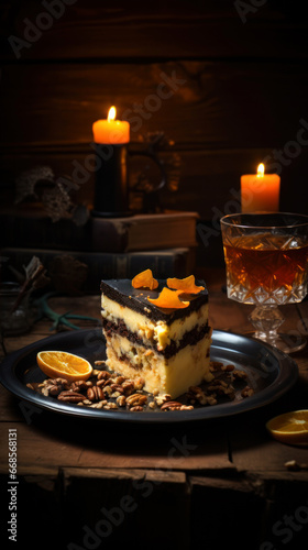 Piece of chocolate cake with tangerines and nuts on a wooden background