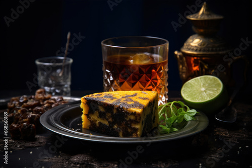 A slice of cake on top of plates next to a glass of whiskey