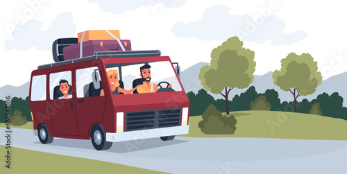 People traveling by car. Happy family in road trip. Hitchhiking and traveling concept for banner, website design or landing web page. People in auto adventure on nature background