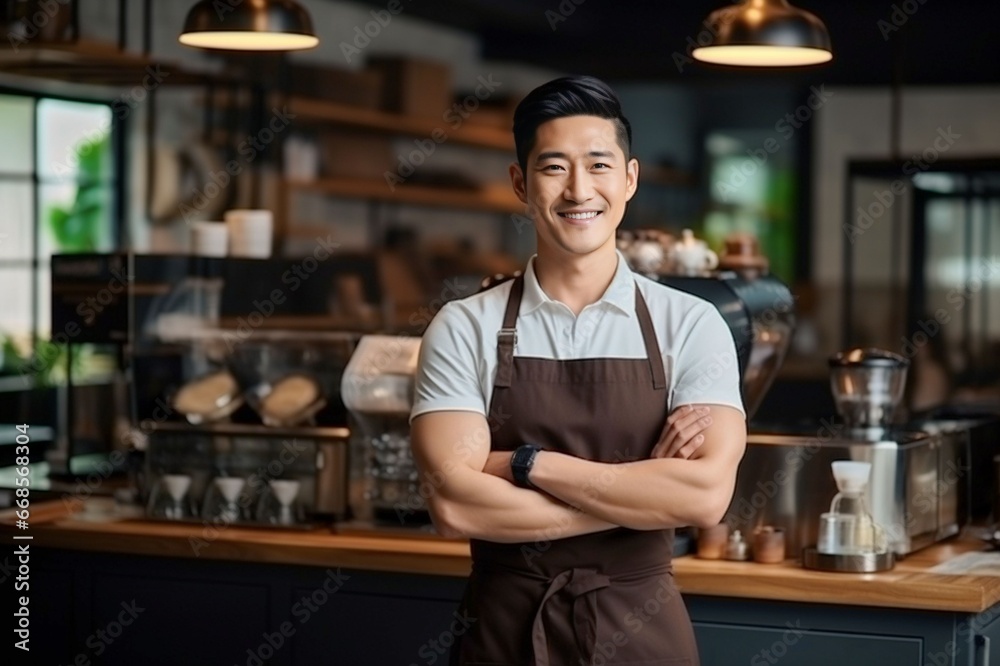 Confident asian men cafe owner standing at his coffee roastery Confident asian men cafe owner standing at his coffee roastery