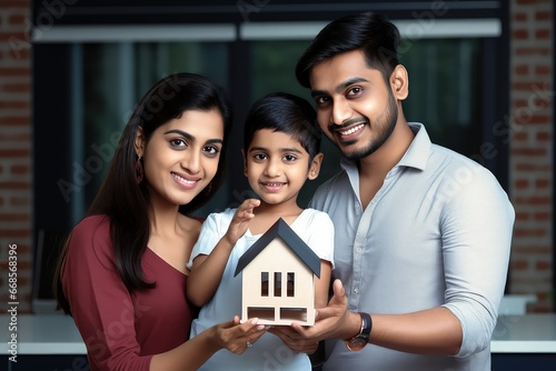 smiling indian parent with boy child at dream house